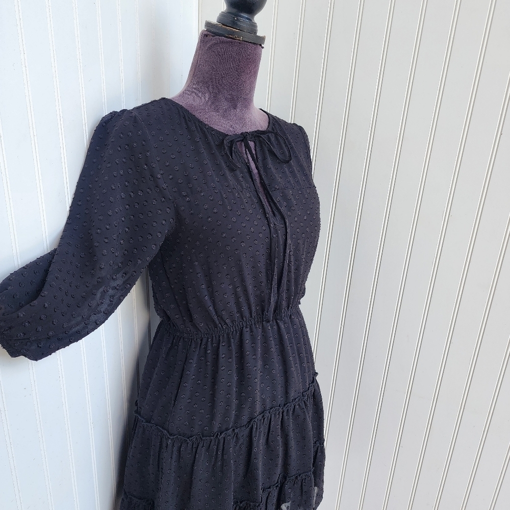 Speechless Women's Black Swiss Dot Tie Neck Mini 3/4 Sleeve Dress Sz S - Picture 12 of 13